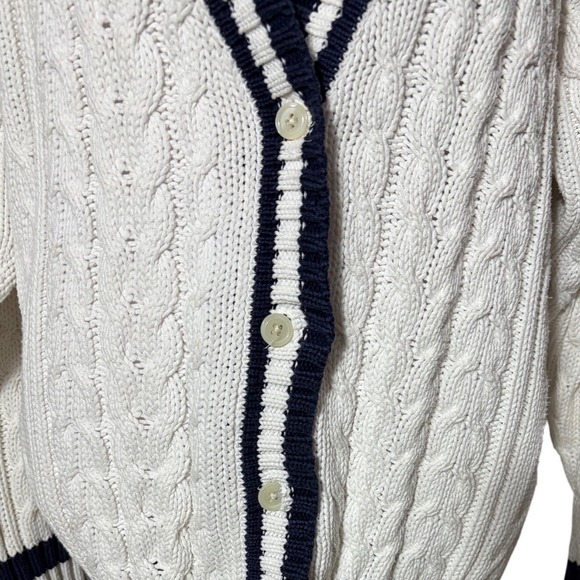 Talbots Womens White Cable Knit Cotton Cricket Cardigan Navy Stripe M Nautical - Picture 3 of 13